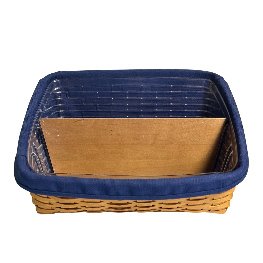 Longaberger Desk Top Organizer Woven Basket Blue Liner Plastic Protector Wood